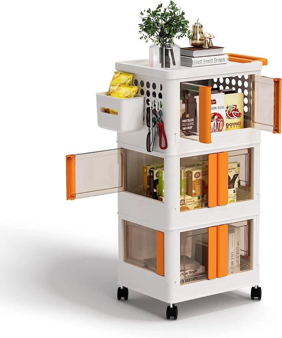 Cassa di archiviazione pieghevole a 3 livelli, carrello con ruote in plastica, armadio a scomparti con ruote, cassettiera spazievendente per cucina, bagno, ufficio, 39×31×83 cm, bianca