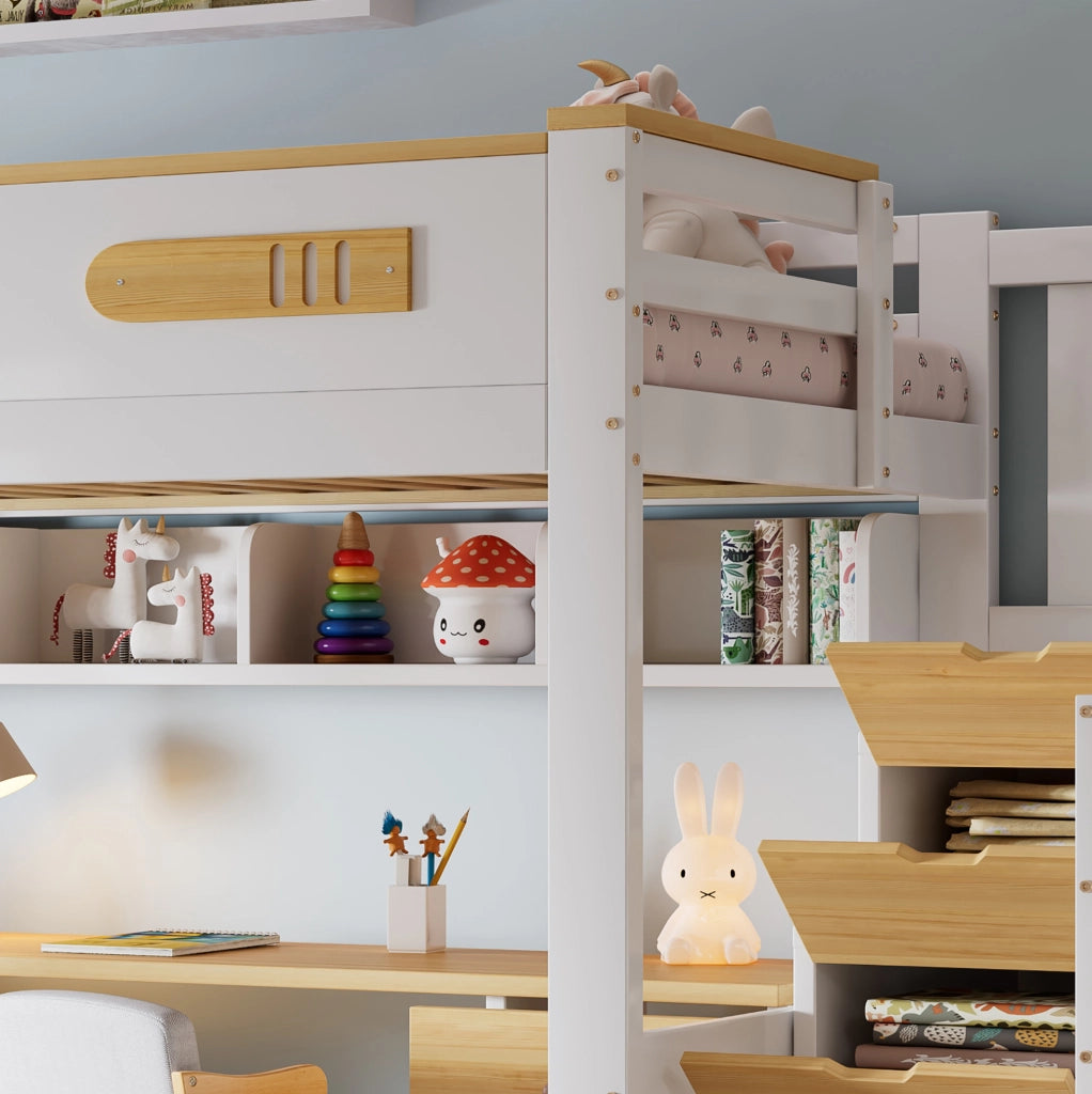 Letto a soppalco 90 x 200 cm con scrivania, scala contenitore e ripiani