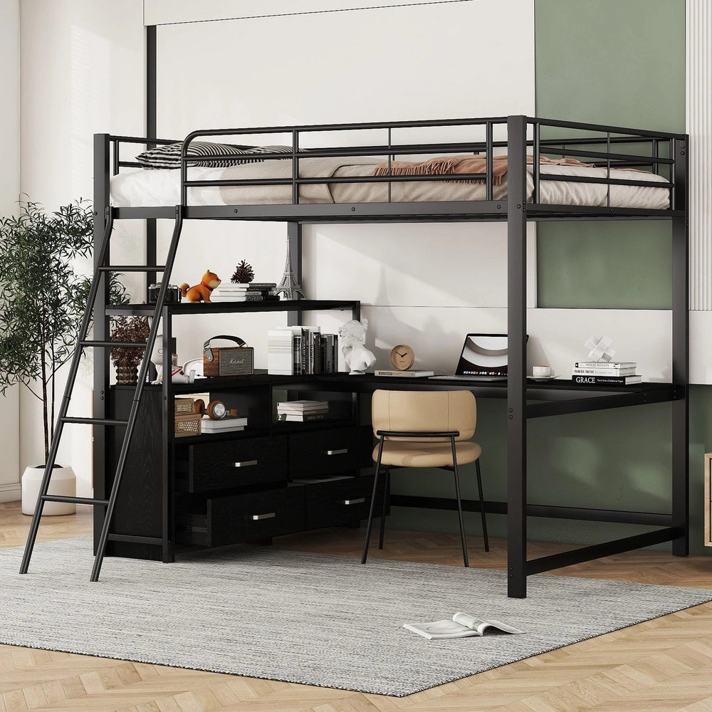Letto a Soppalco con Scrivania e Cassetti ¨C MINIMAL ¨C Metallo Nero 140x200