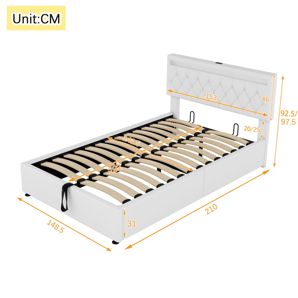 Letto Contenitore 140x200 cm; Letto Matrimoniale; LED; USB e Type-C; in Lino; Bianco