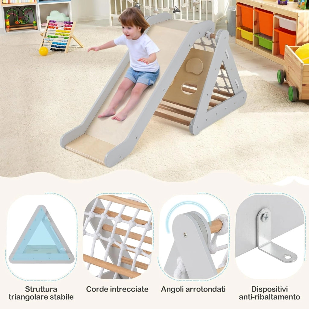 Set 4 in1 Arrampicata per Bambini, Arrampicata a Triangolo con Scivolo, Set di Arrampicata in Legno per Interni e Esterni con Rete di Arrampicata, Carico 50kg, 1 Anni+ (Grigio)