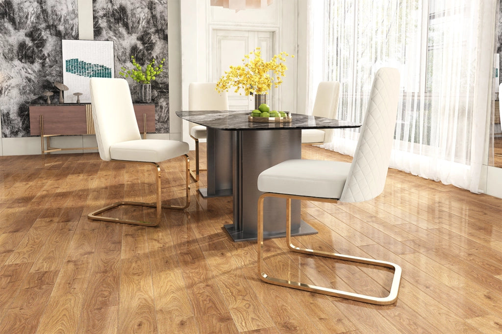 Sedia da pranzo set da 6 con schienale trapuntato a rombi e gambe in metallo per sala da pranzo moderno in velluto beige