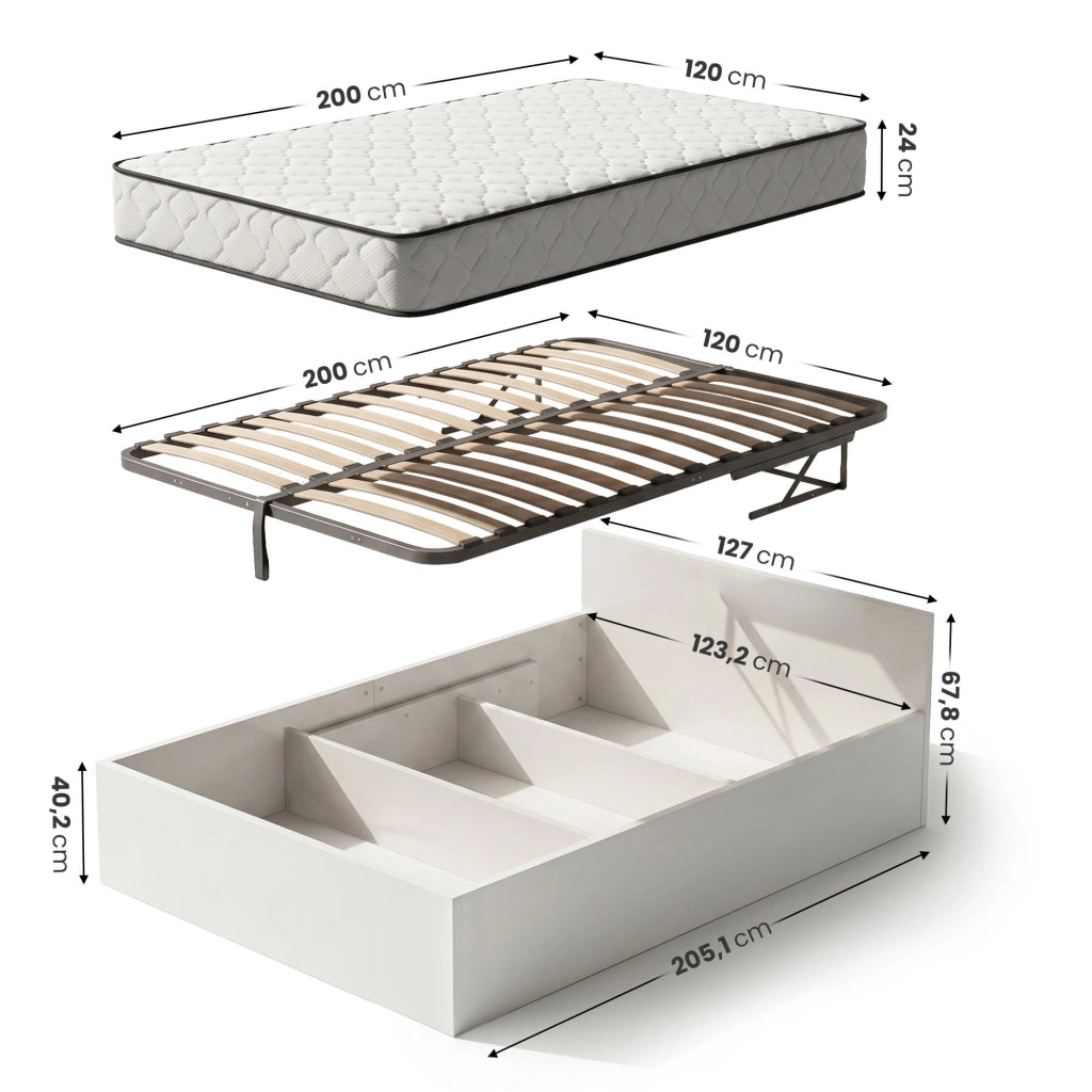 Letto con contenitore 120x200 cm rete sollevabile in metallo e materasso a molle Bianco