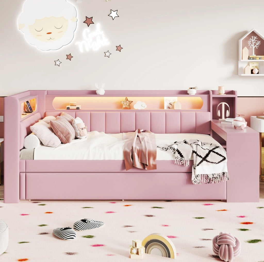Letto imbottito 90x200 con LED, USB, letto estraibile e scrivania rosa