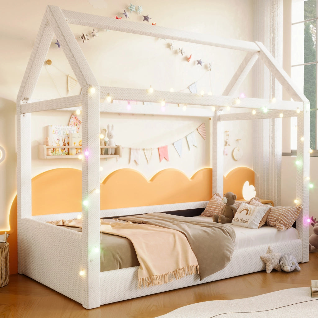 Letto a giorno con luci LED in MDF beige 90x200 cm