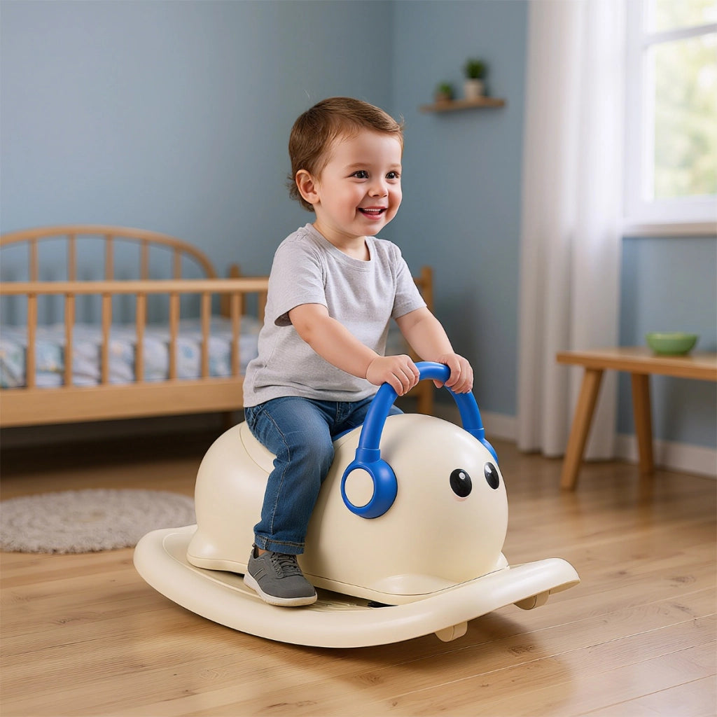 Cavallo a dondolo 3 in 1 per bambini di 1-3 anni ruote scorrevoli e tavola di equilibrio rimovibile, Giocattolo cavalcabile con spazio nascosto Bianco