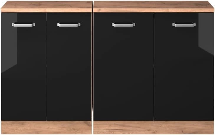 Set di mobili sottotetto Rion, Nero lucido, 140 cm Set di 2 carcasse armadio profondità 60 cm, adatto per il salvaspazio sotto tetti spioventi