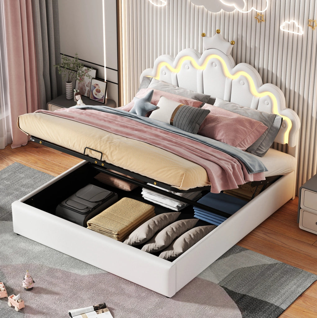 Letto imbottito 140x200 cm con LED e contenitore; PU; bianco