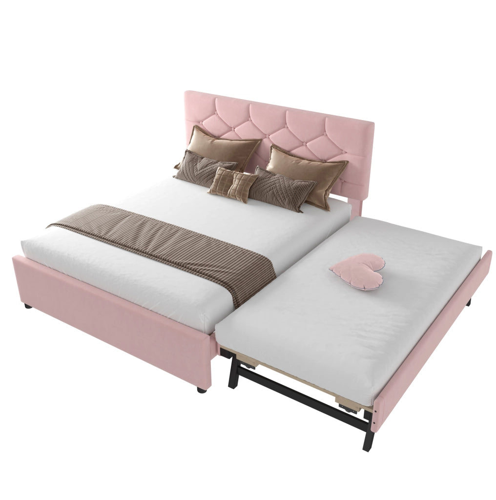 Letto imbottito 140x200 cm con letto estraibile e testiera con bottoni in velluto rosa