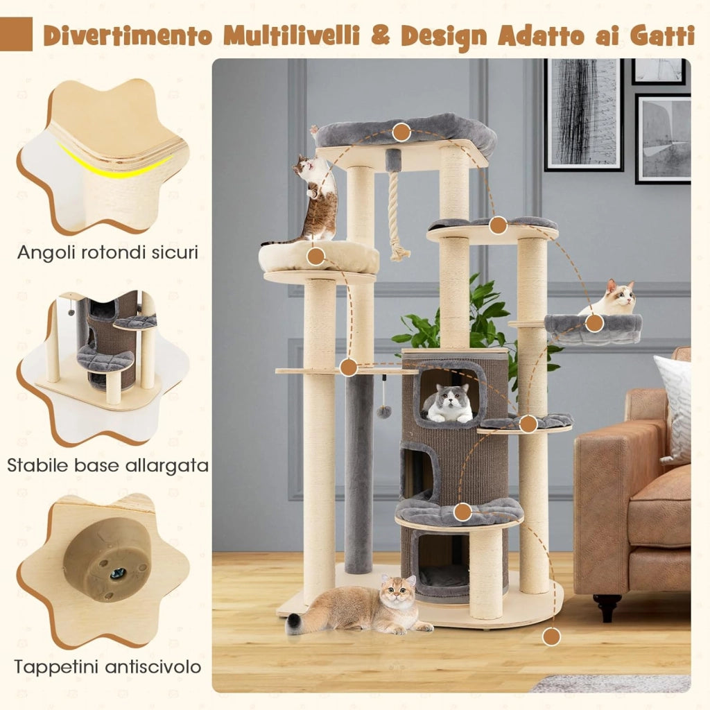 Albero per Gatti Moderno da 173 cm con 3 Piani, 2 Cucce, Amaca, Piattaforme, Tiragraffi in Legno per Gatti Interni