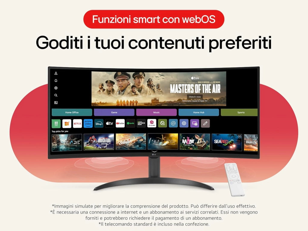 34SR65QC Monitor Smart 34" 21:9 Curvo WQHD (3440x1440) HDR, webOS con app di streaming, Wi-Fi, LAN, Bluetooth, AirPlay, Screen Share, Speaker Stereo 14W, 2x HDMI, 2x USB, 100Hz, Telecomando, Nero