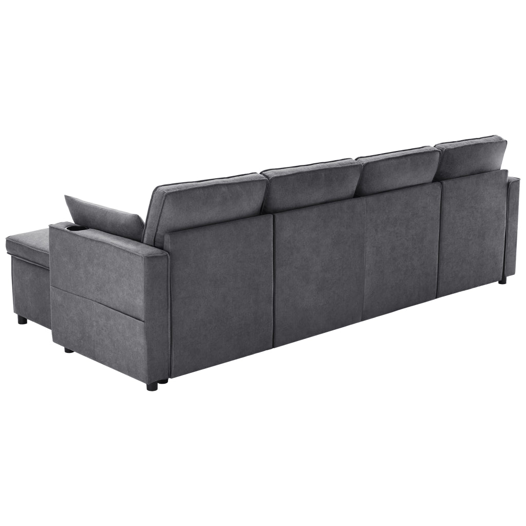 Divano Letto a U con Contenitori; Portabicchieri e Tasche Laterali; in Cotone e Lino; Grigio 270 × 130 × 86 cm