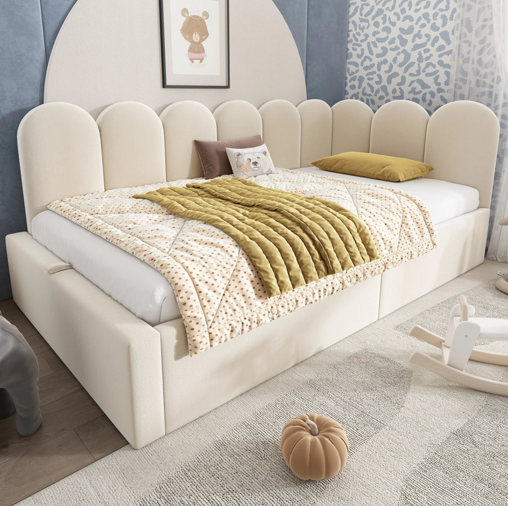 Divano letto 90x200 cm; contenitore idraulico; velluto beige (Senza materasso)