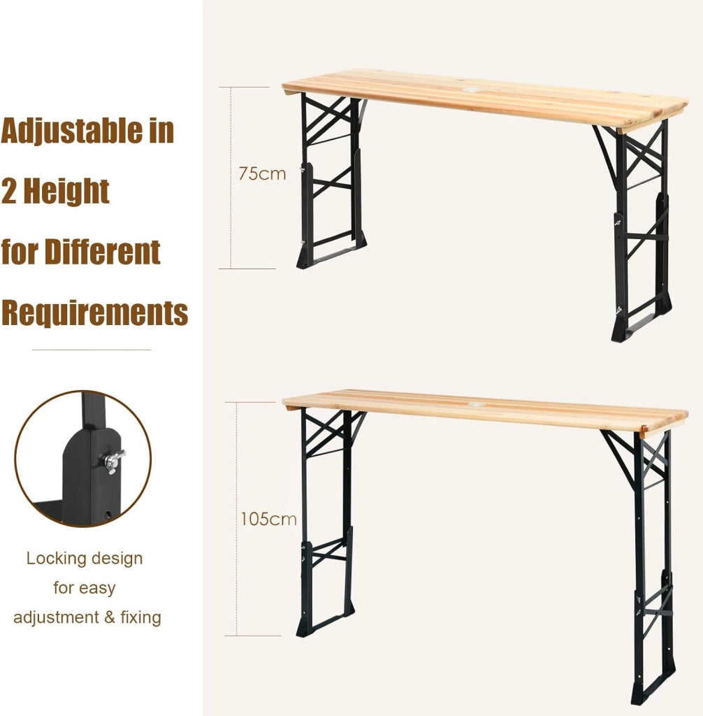 Tavolo da birra da esterno, regolabile in altezza da 75 cm a 105 cm, tavolo da bar da giardino pieghevole, tavolo da picnic con foro per ombrellone, 168,5 x 50 cm (lunghezza x larghezza)