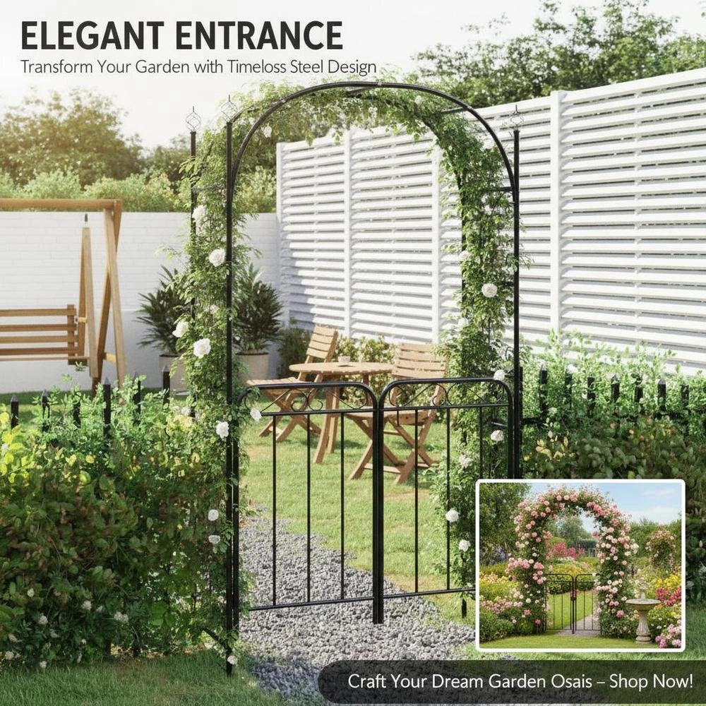 Garden Arch With Gate, Black, 108x45x235 Cm, Steel