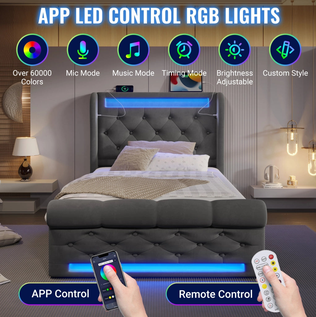 Letto imbottito ULEVR 90x200 cm con contenitore idraulico, LED, USB e Type-C, velluto grigio con materasso
