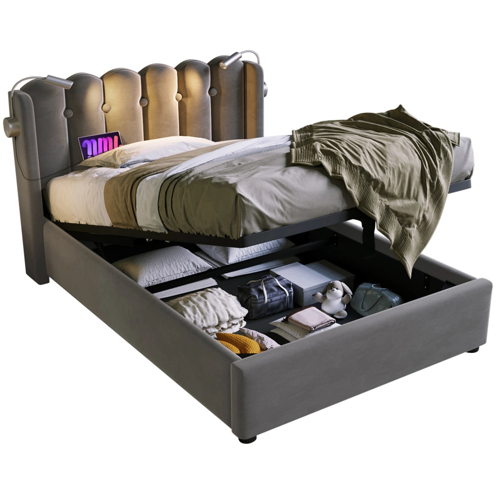 Letto contenitore 90x200 in velluto grigio con luce da lettura e USB