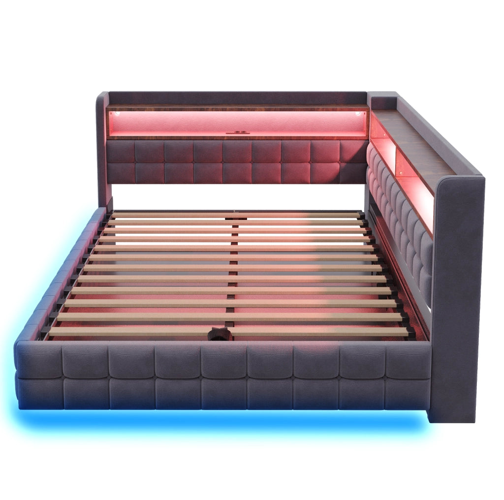 Divano letto imbottito ULEVR 140x200 cm con vano idraulico, LED, presa, USB e Type-C, velluto grigio