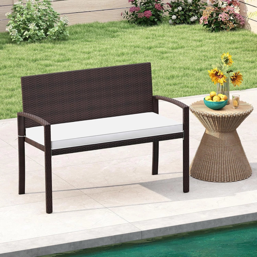 Panca da Giardino 2 Persone in Rattan, Panca da Esterno con Cuscino di Seduta Rimovibile, Struttura in Metallo, Carico 360 kg, Schienale e Braccioli, per Veranda, Giardino, Balcone, Terrazza