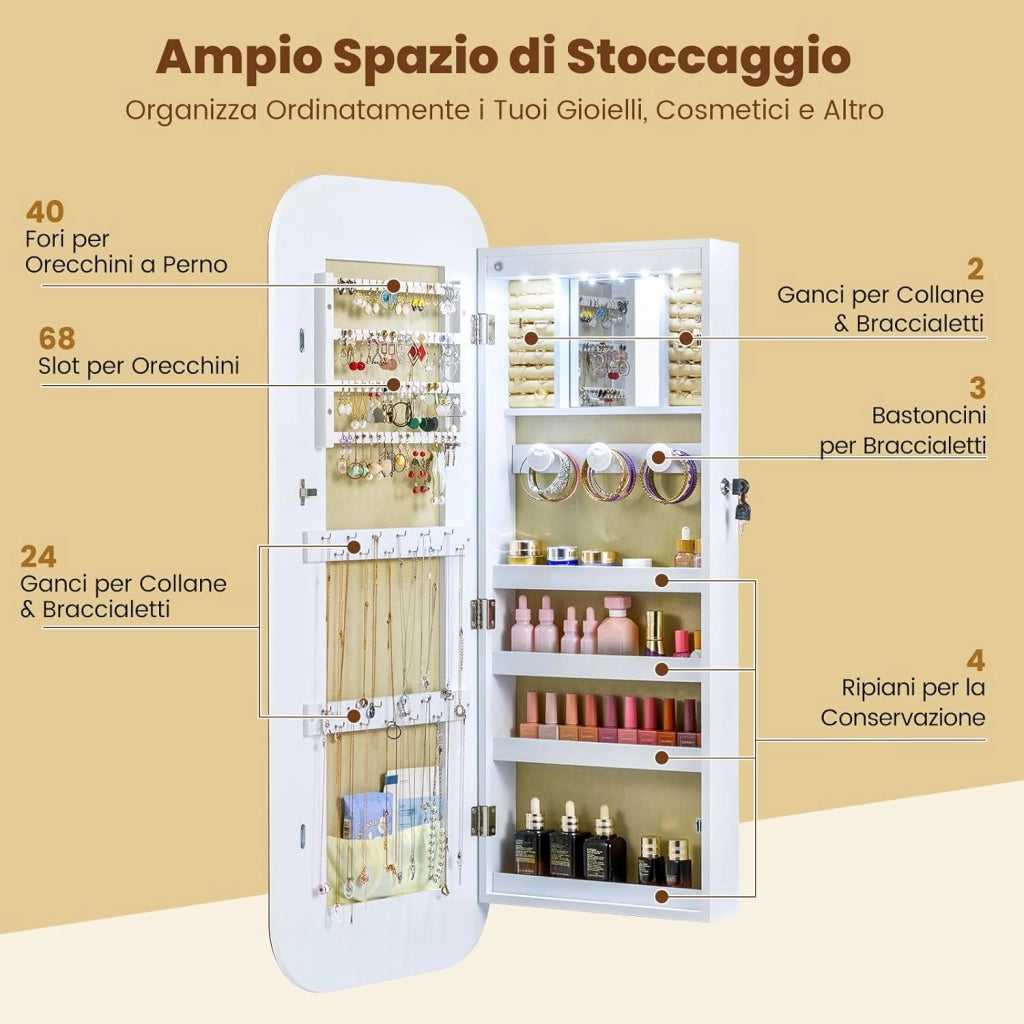 Specchio Portagioie da Parete, con 6 Luci LED, Armadietto per Gioielli a Muro, Ganci e Scomparto, Portagioie Donna Salvaspazio con Serratura per Camera da Letto