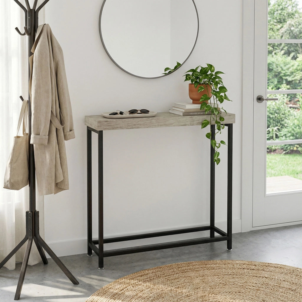 Nikki - Consolle ingresso soggiorno rettangolare 75x75x24 cm stile industrial in metallo e MDF  bleach