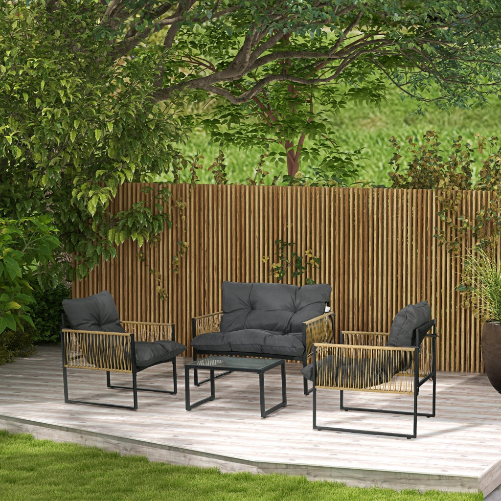Set salotto da giardino 4 pezzi con divano 2 posti, 2 poltrone e tavolino vetro temperato ¨C Zephmum ¨C Grigio