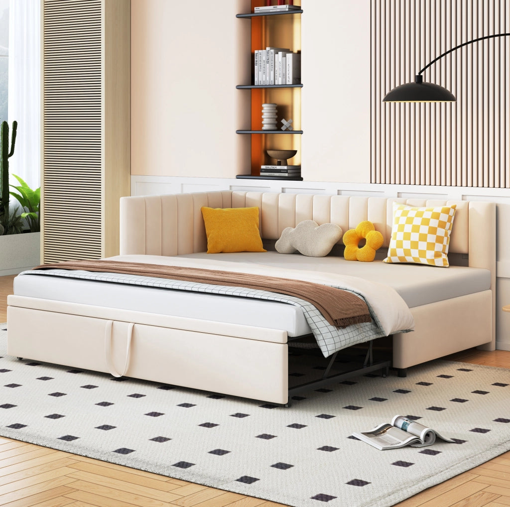 Divano letto 90x200 cm multifunzionale estraibile in velluto beige