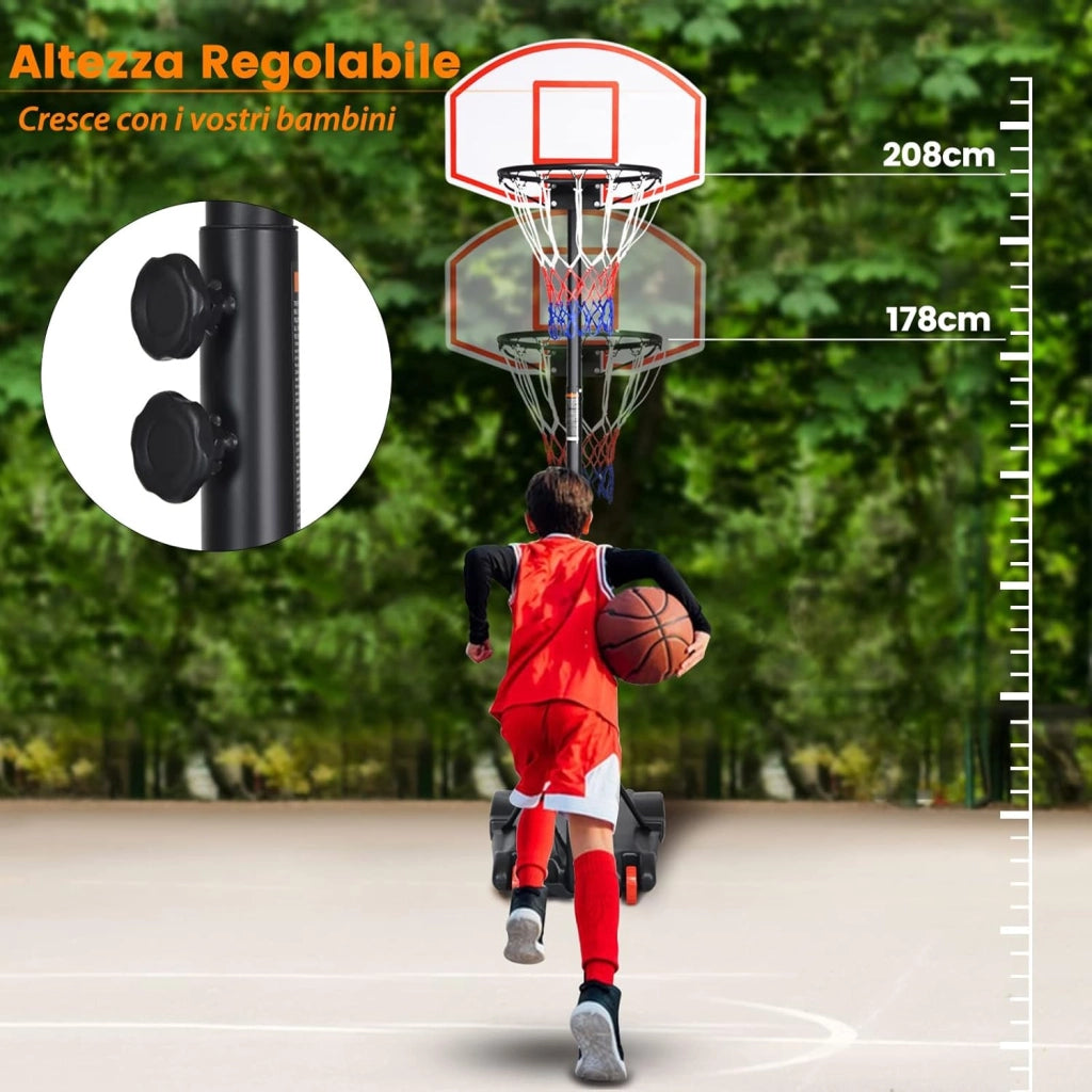 Canestro da Basket da Esterno Regolabile 178 e 208 cm, Canestro da Basket per Bambini con Ruote e Base Riempibile, Ideale per Interno ed Esterno