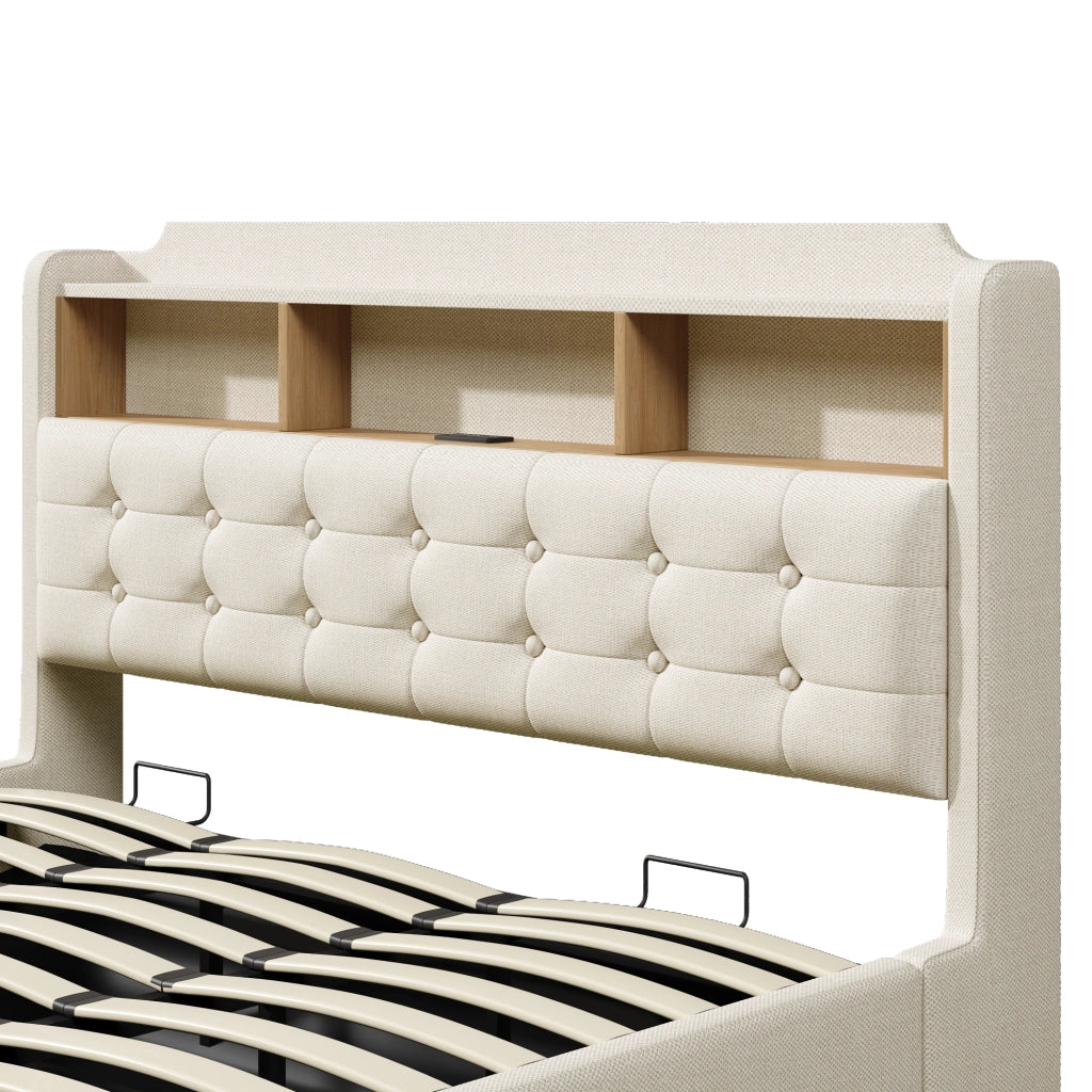 DESMIU Letto contenitore 180 × 200 cm 2 posti con LED, USB, Type-C, senza materasso, beige
