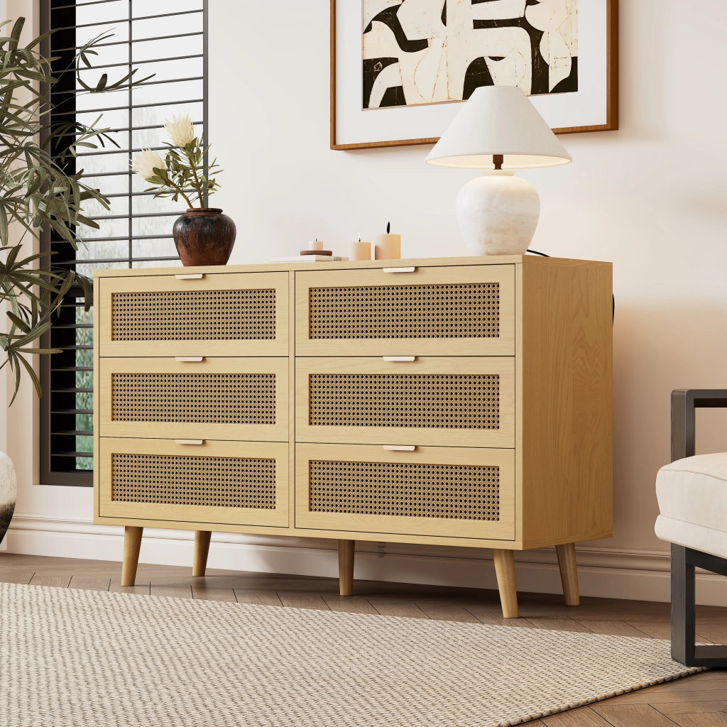Com¨° con 6 cassetti in stile r¨¦tro, credenza in truciolare e legno massello, colore noce, 120x76,5x40 cm