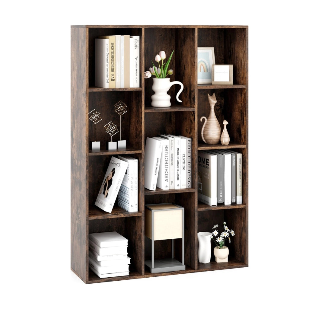 Libreria a 11 cubi multifunzionale con kit anti-ribaltamento per soggiorno-Scaffale moderno geometrico Marrone