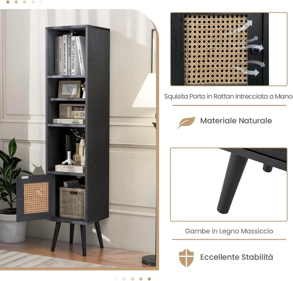 Libreria Scaffale con Anta in Rattan Naturale, Scaffale Legno in Stile Boho con 3 Ripiani Regolabili in 12 Posizioni, per Soggiorno Cucina e Camera da Letto, 29,5 x 29,5 x 137 cm (Nero)