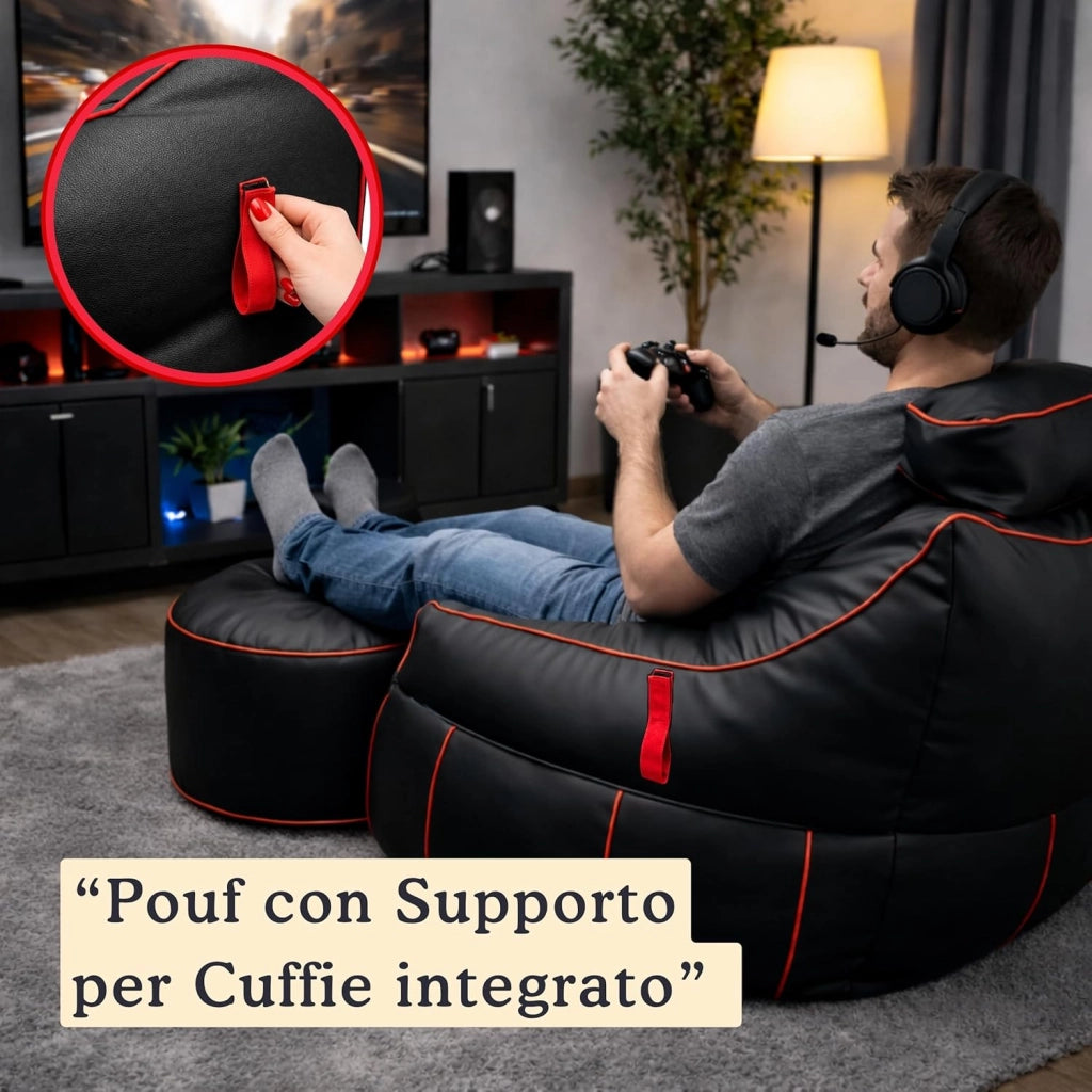 Set Pouf Poltrona Gaming XXL + Pouf rotondo - Comfort per relax e gaming - Poggiatesta regolabile, 2 tasche - Per divano, soggiorno e postazione gaming (110×100×90 cm, Rosso)