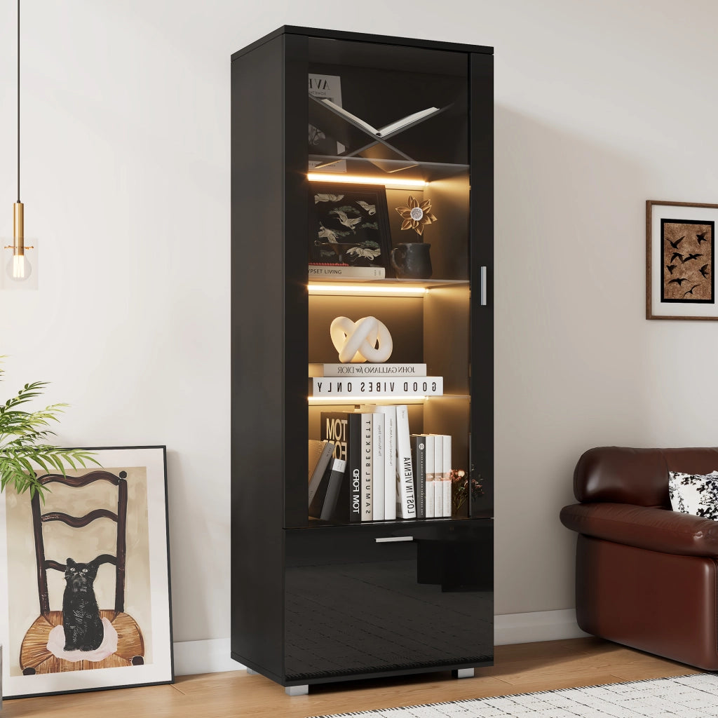 Vetrina con 3 ripiani, ante in acrilico e LED con telecomando, per soggiorno e studio, nero, 40 × 50 × 160 cm