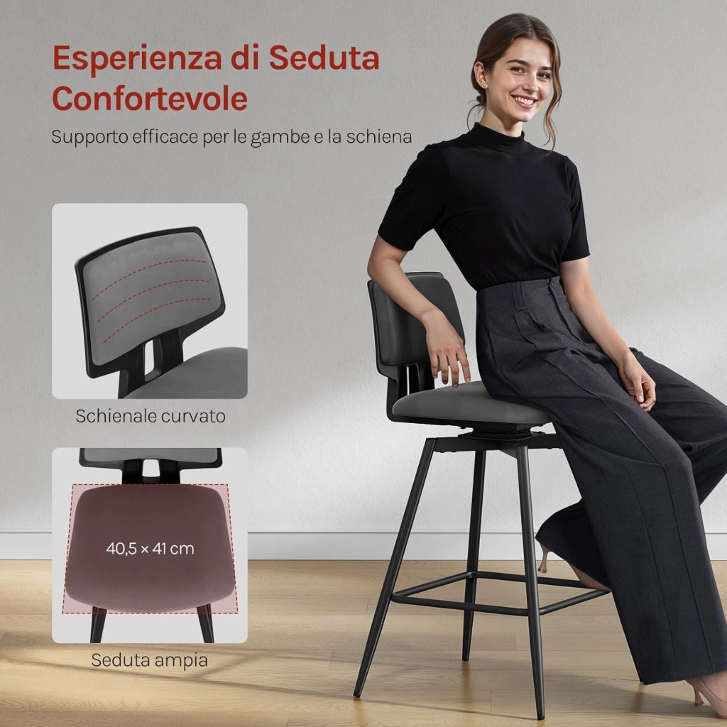 Sgabelli Cucina Set di 2, Sgabelli Bar Girevoli a 360°, con Schienale e Poggiapiedi, in Velluto di Latte, per Cucina, Bar, Soggiorno, Grigio Scuro