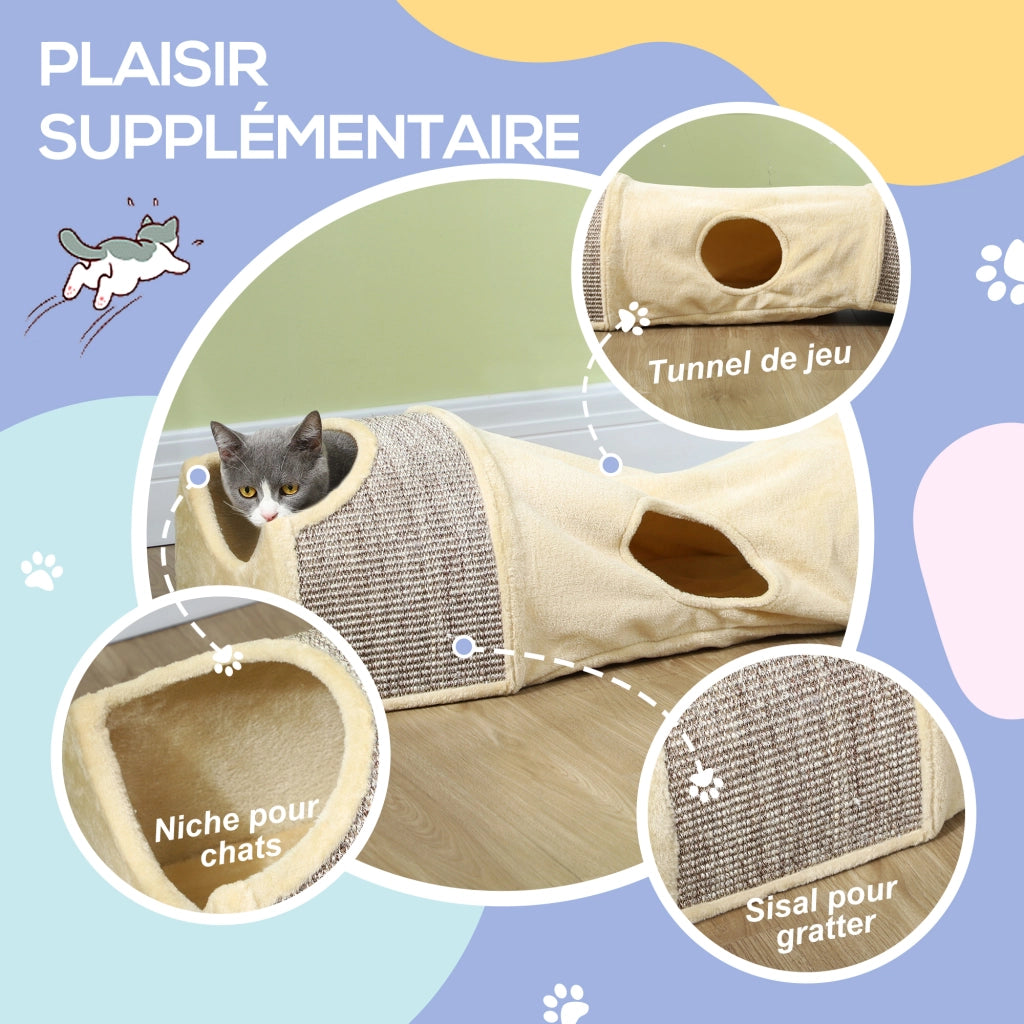 Tunnel per Gatti con 2 Nicchie in Sisal ¨C zephmum ¨C Beige 107x38x29 cm