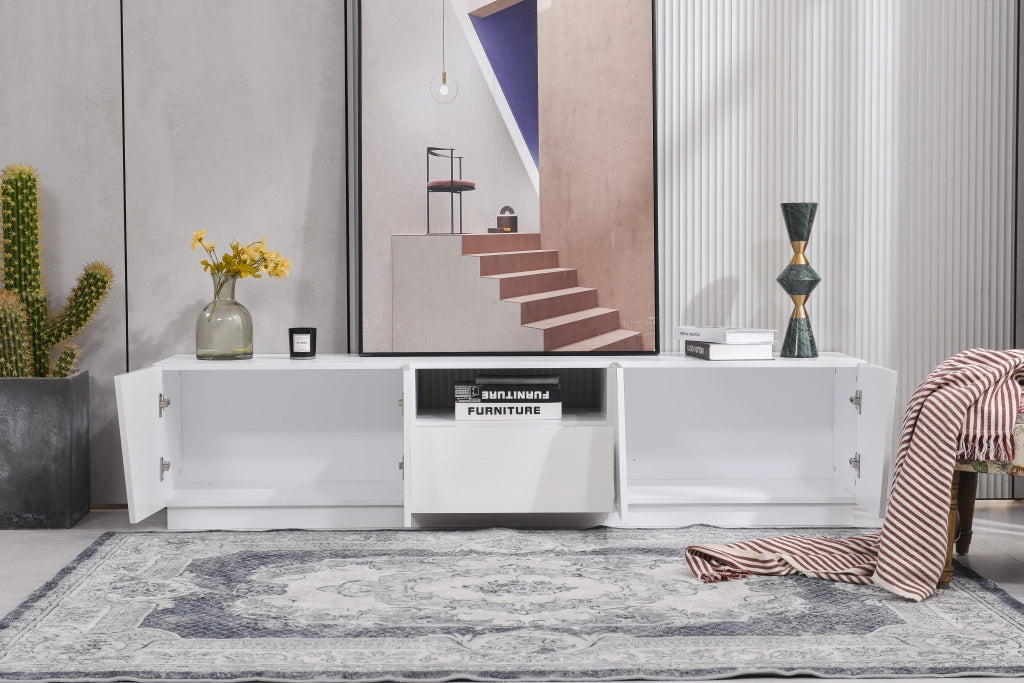 Mobile TV con 4 Ante e 2 Vani Aperti; senza Maniglie; per Soggiorno; in MDF; 170 × 37 × 42 cm; Bianco