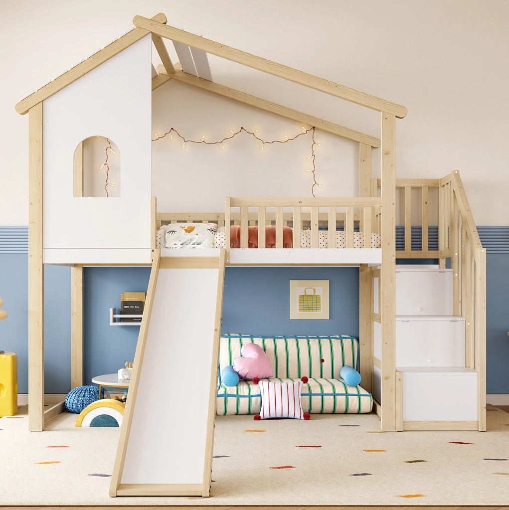 Letto a soppalco 90x200 cm con scivolo e scala contenitore in legno; naturale e bianco