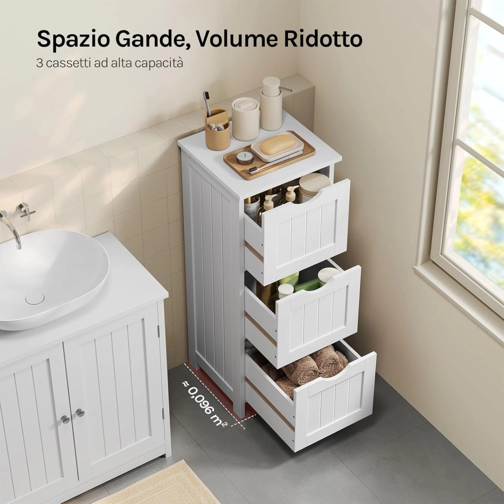 Mobile da Bagno, Mobiletto Bagno Salvaspazio, con 3 Cassetti, 32 x 30 x 81 cm, Armadio Autoportante, per Sala da Pranzo, Cucina, Stile Moderno, Bianco BZS123ws