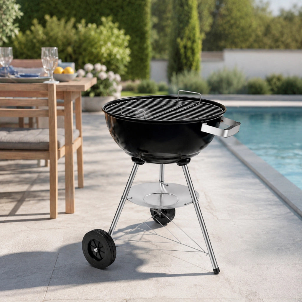 Barbecue A Carbone Con Coperchio Griglia In Acciaio Cromato Ruote Per Trasporto Facile Da Montare Per Giardino Campeggio E Terrazza 51 x 46.5 x 78 Cm Nero