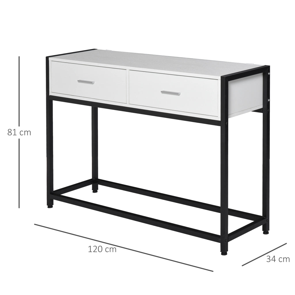 EasyComfort Tavolo Consolle per Ingresso con 2 Cassetti, Piano d'appoggio in Legno Bianco e Gambe in Metallo Nero 120x34x81cm