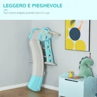 Scivolo per Bambini da 18 Mesi Pieghevole con 3 Scalini e Canestro Basket, 140x87x75cm, Blu e Grigio
