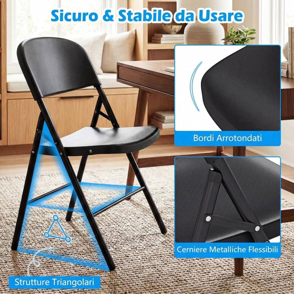 Set da 6 Sedie Pieghevoli in Plastica, Sedie Pieghevoli con Schienale e Struttura in Metallo, Sedie da Pranzo Portatili per Matrimonio e Festa, Portata 150 kg (Nero)