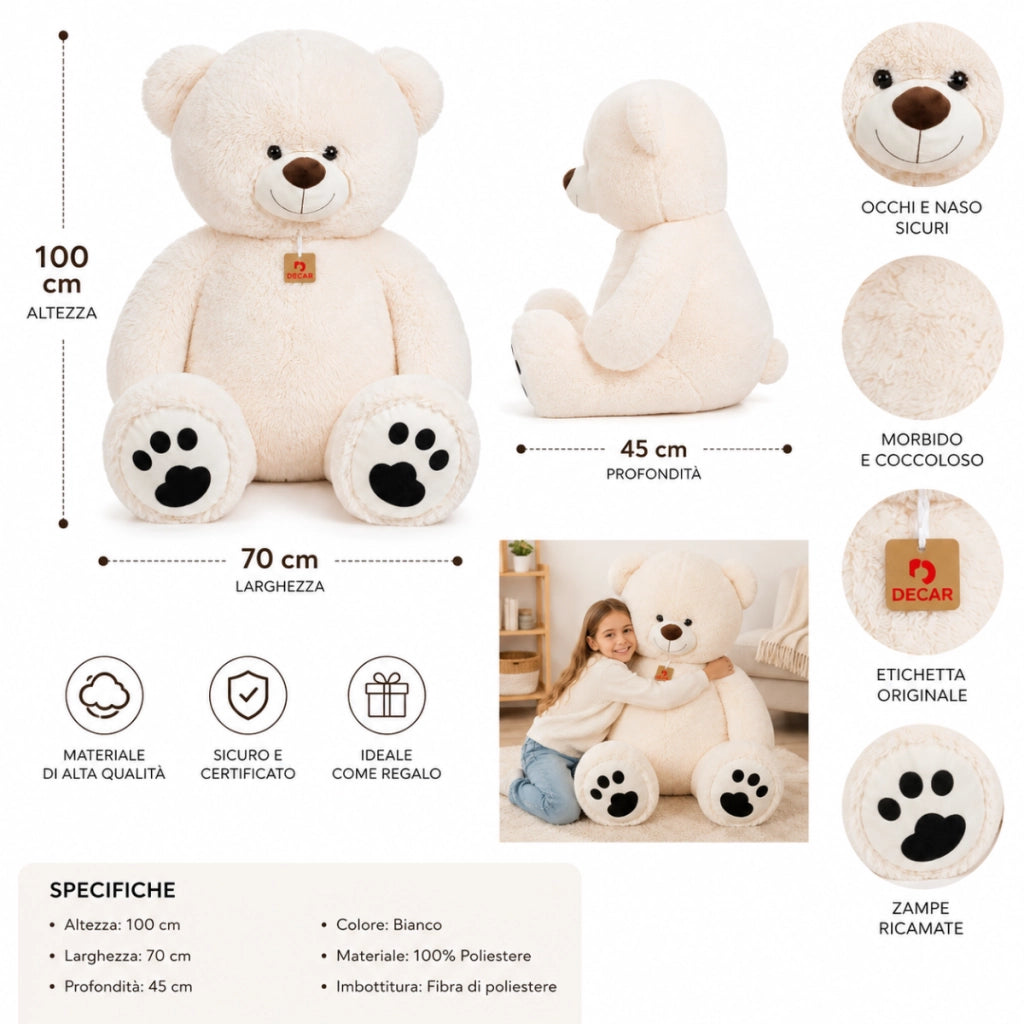 Orso Peluche Gigante 100 cm - Peluche Giganti - Orsacchiotto gigante - Orsetto di Peluche - Regali Bambini, Ragazza, Fid