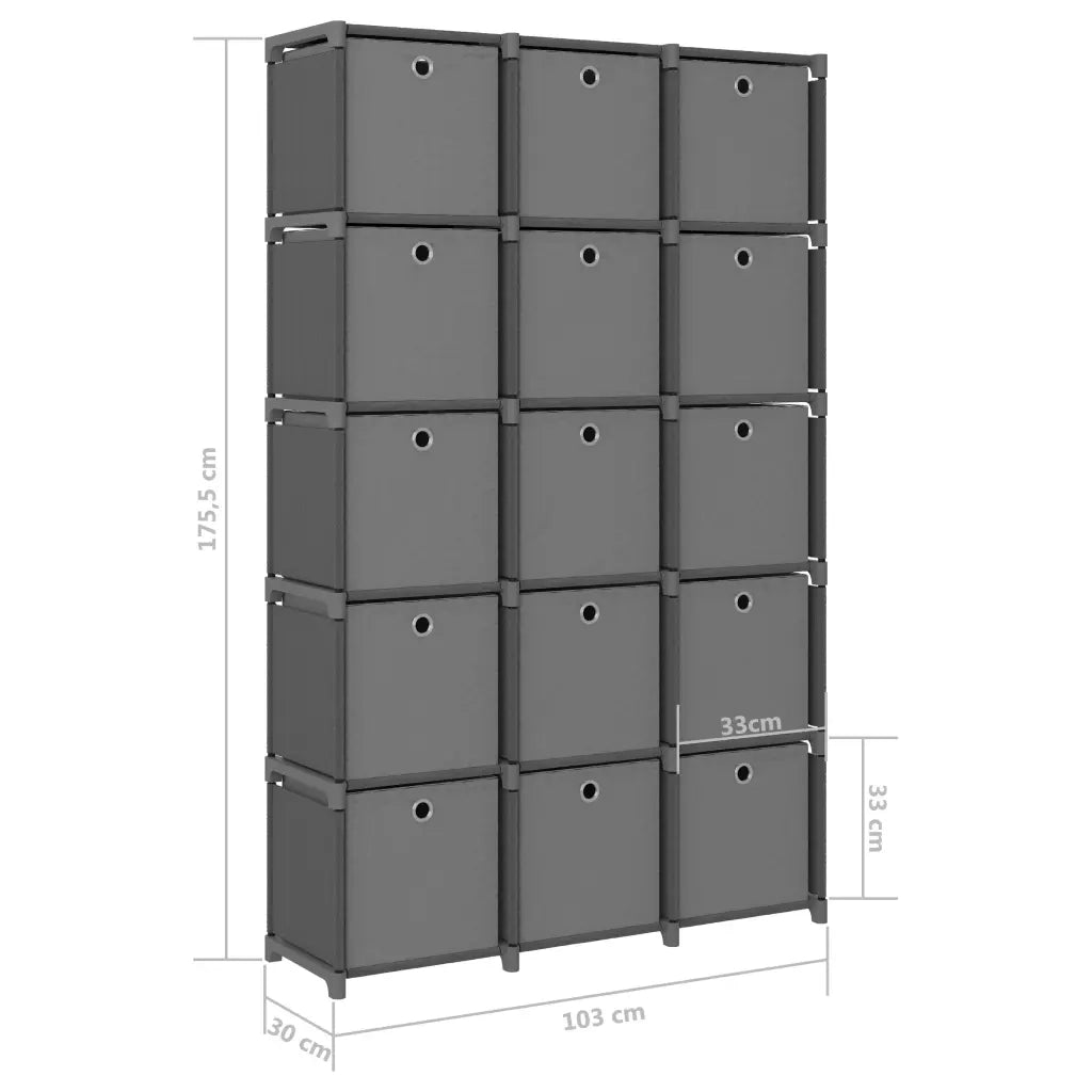 Mensola con 15 Scatole a Cubo Grigia 103x30x175,5 cm in Tessuto