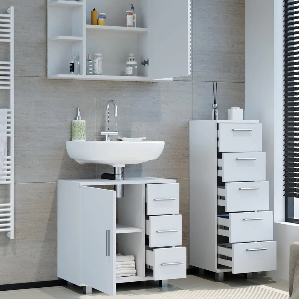 Set mobili bagno Ilias, Bianco, 60 cm, composto da mobile sottolavabo, specchiera e mobile medio