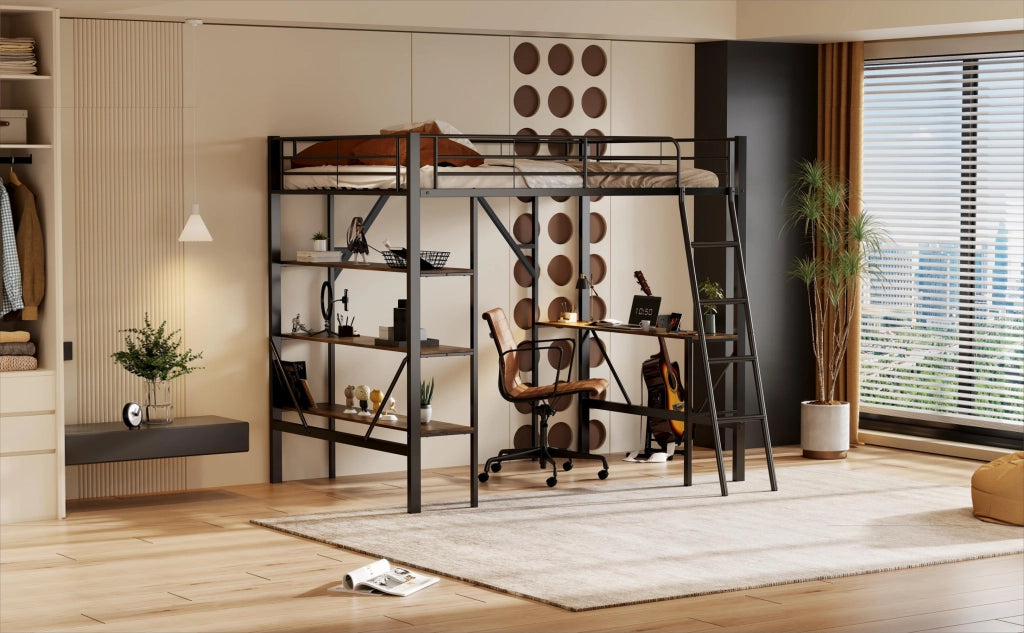 DESMIU Letto a soppalco singolo con scrivania e 3 ripiani, 90 × 200 cm, senza materasso, in metallo, nero