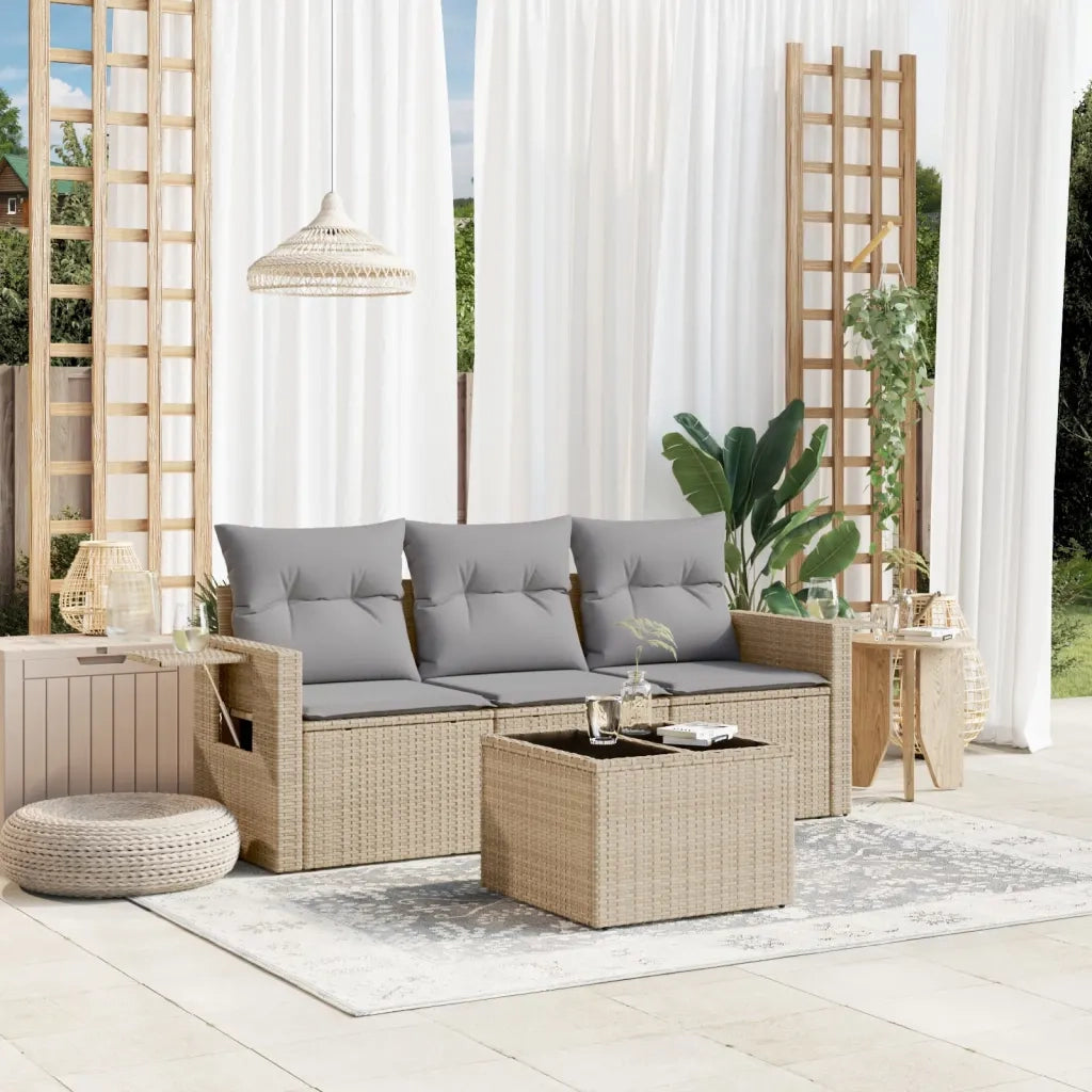 Set Divano da Giardino 4 pz | Set Salotto da Giardino con Cuscini Beige in Polyrattan