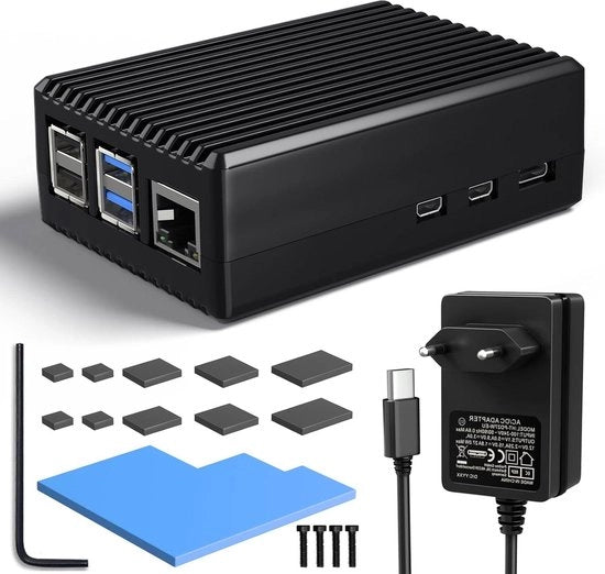Kit di alimentazione 51V 5A 27W con tecnologia GaN, contenitore in alluminio, compatibile con Raspberry Pi 5 4 GB e 8 GB, con copertura metallica e raffreddamento passivo con corpo di raffreddamento.