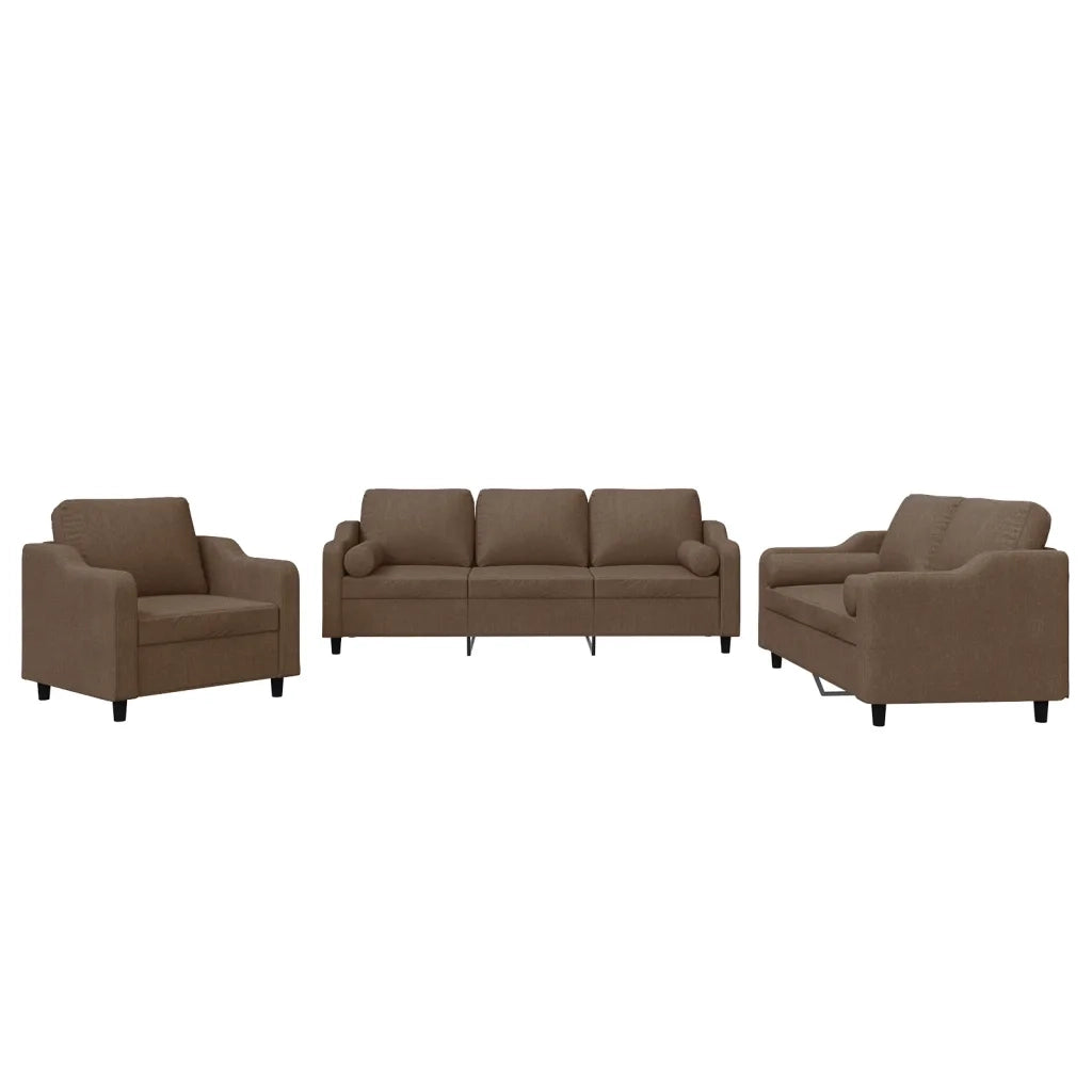 Set di Divani 3 pz con Cuscini Marrone in Tessuto